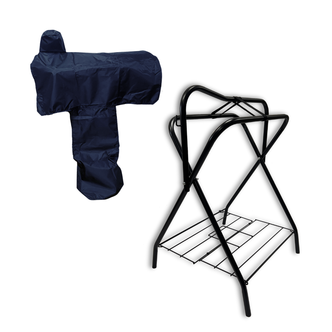Freestanding portable horse saddle rack with navy blue western saddle cover