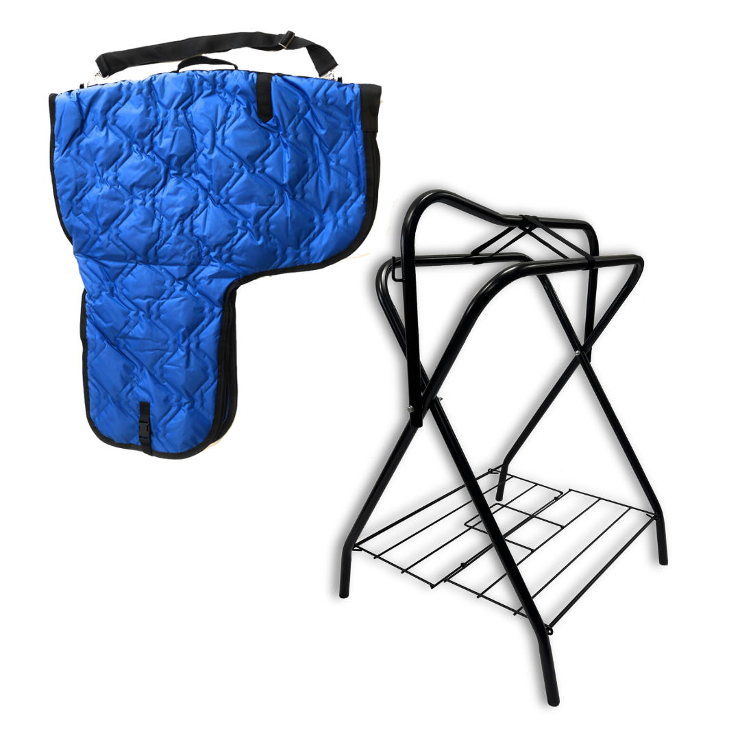 A freestanding saddle rack made of black powder-coated tubular steel with folding sides, and a western padded saddle carrier with a geometric pattern.