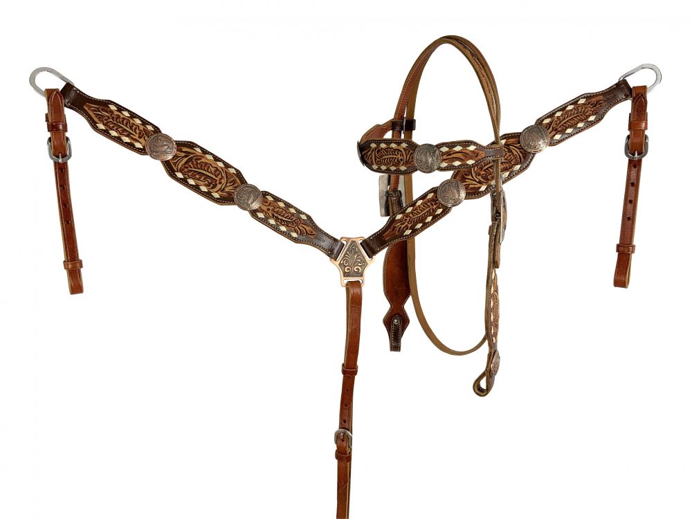 Showman® Floral Tooled Leather Browband Headstall and Breast Collar Set