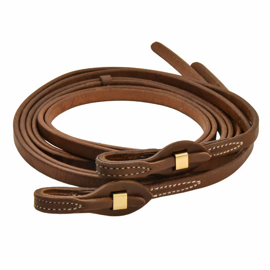 AJ Tack Oiled Harness Leather Brass Quick Change Split Reins - 5/8in x 8ft