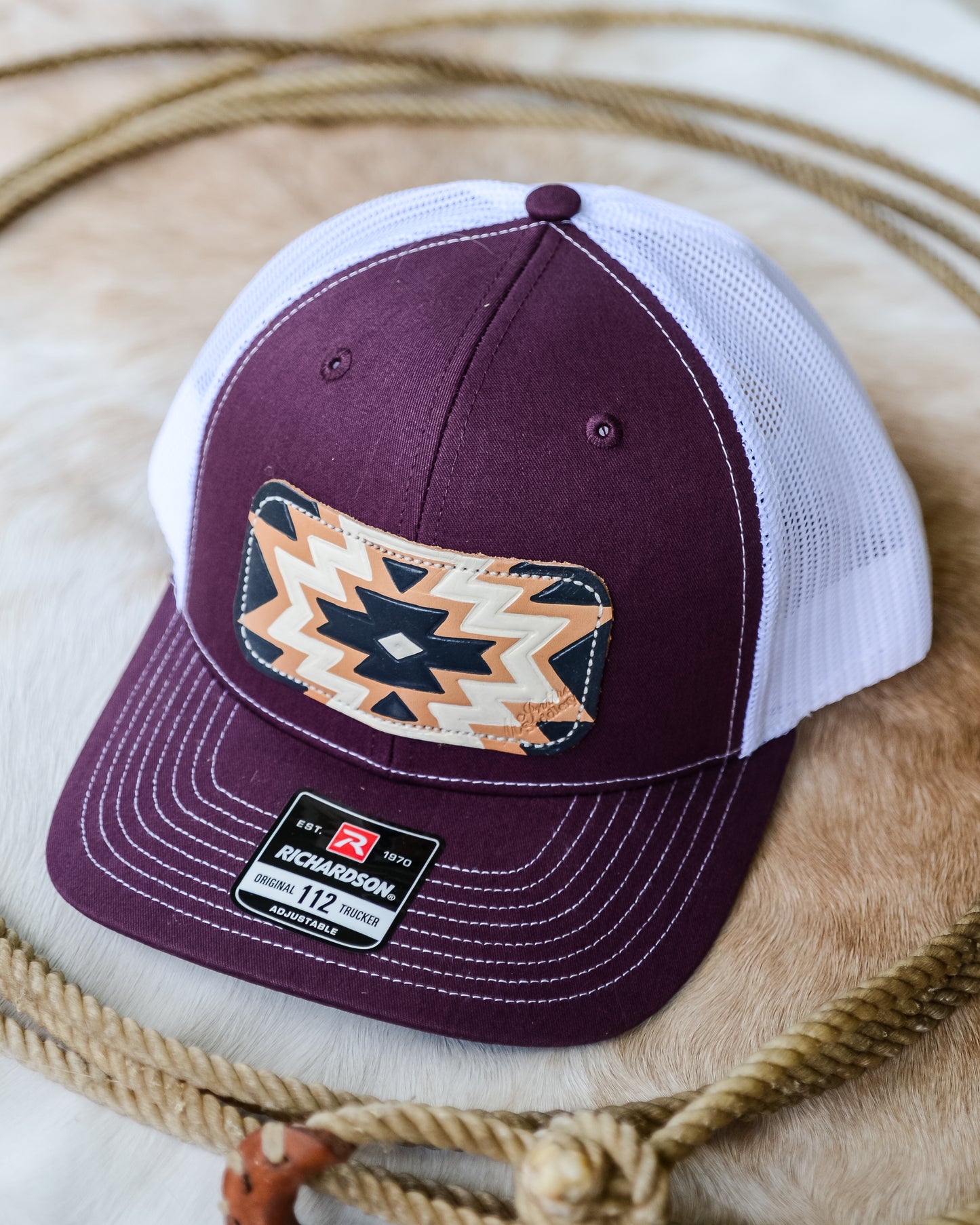 McIntire Saddlery Maroon Aztec Leather Patch Cap