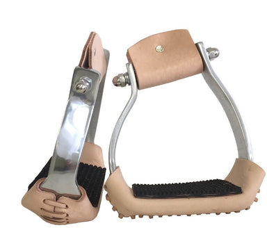 AJ Tack slanted aluminum roping stirrups with leather tread and rubber pads