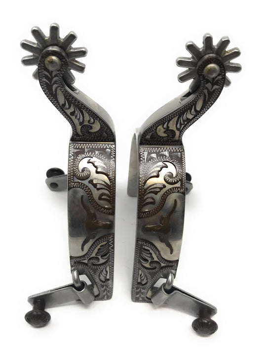 AJ Tack Longhorn Floral Show Spurs Antique Brown Engraved Overlay Stainless Steel Mens