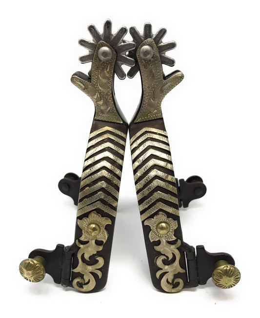 AJ Tacl Silver Floral Bars Show Spurs Antique Brown Color Hand Engraving Mens Size