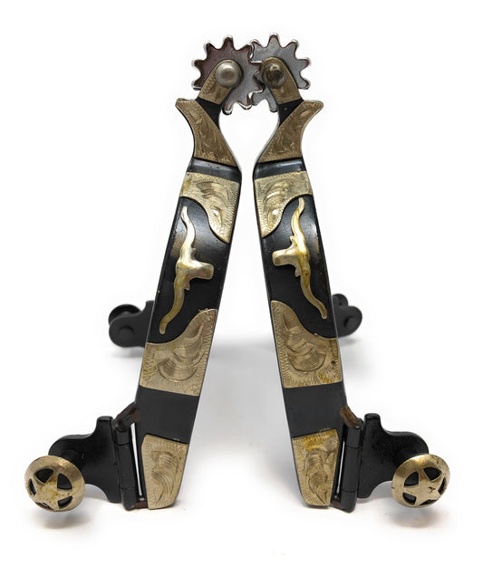 AJ Tack Longhorn Show Spurs Steer Head Silver Engraving Chap Guard Black Steel Mens