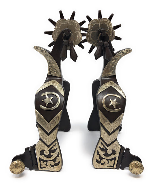 AJ Tack Western Show Spurs Horse Shoe Star Silver Engraving Jingle Bobs Chap Guard Mens