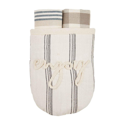 Oven mitt and towel set with "Enjoy" embroidered