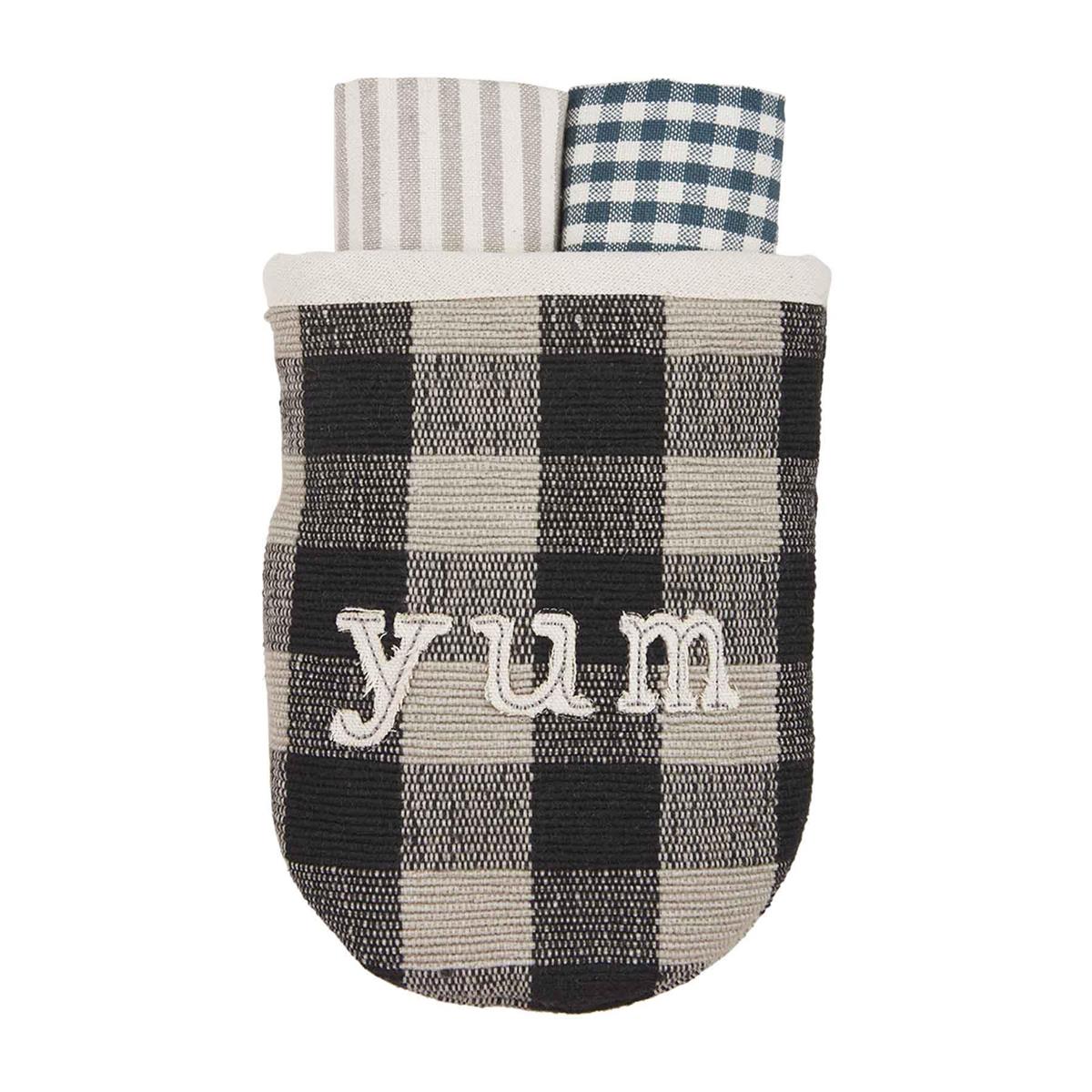Oven mitt and towel set with "yum" embroidered