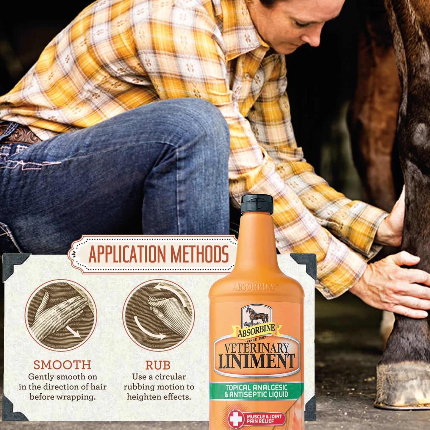 Horseowner applying Absorbine® Veterinary Liniment to a horses leg.