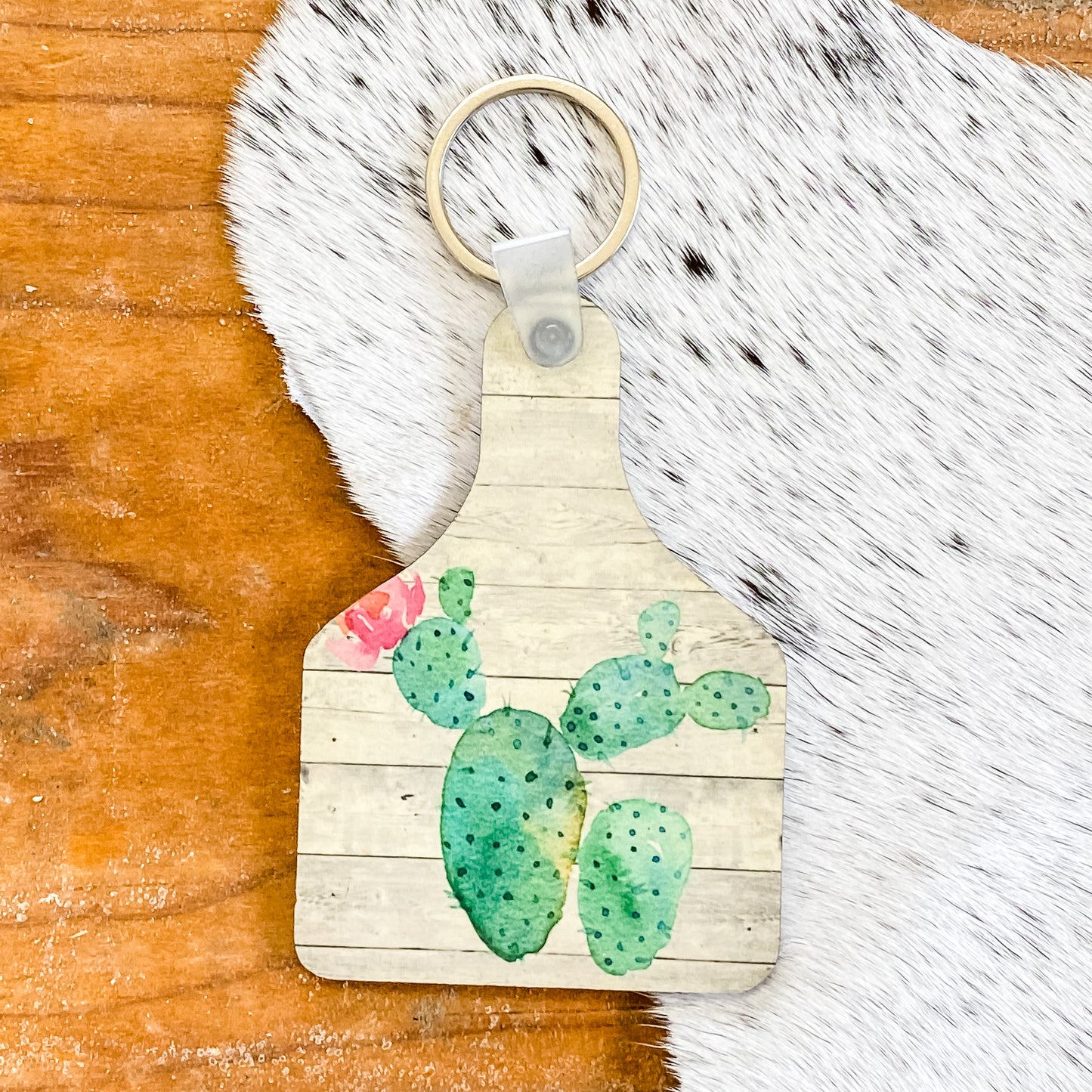 Cow Tag Keychain - Cactus and Wood