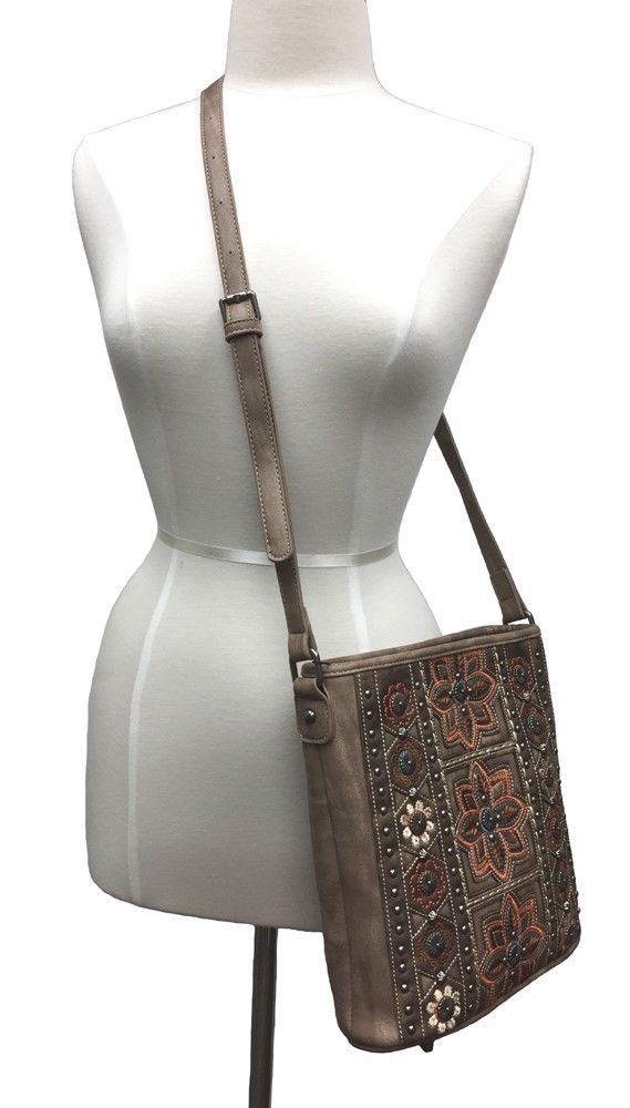 Concealed Carry Embroidered Crossbody Purse Coffee Adjustable Strap