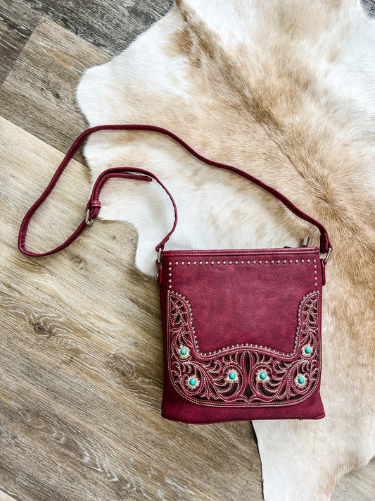 American Bling by Montana West Concealed Carry Studs and Conchos Crossbody Purse - Burgundy