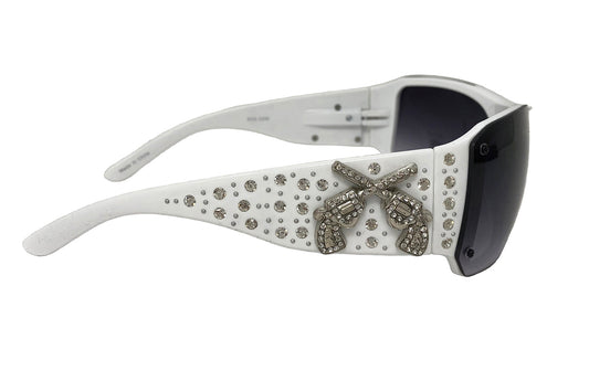 Crossed Pistol Rhinestone Sunglasses White