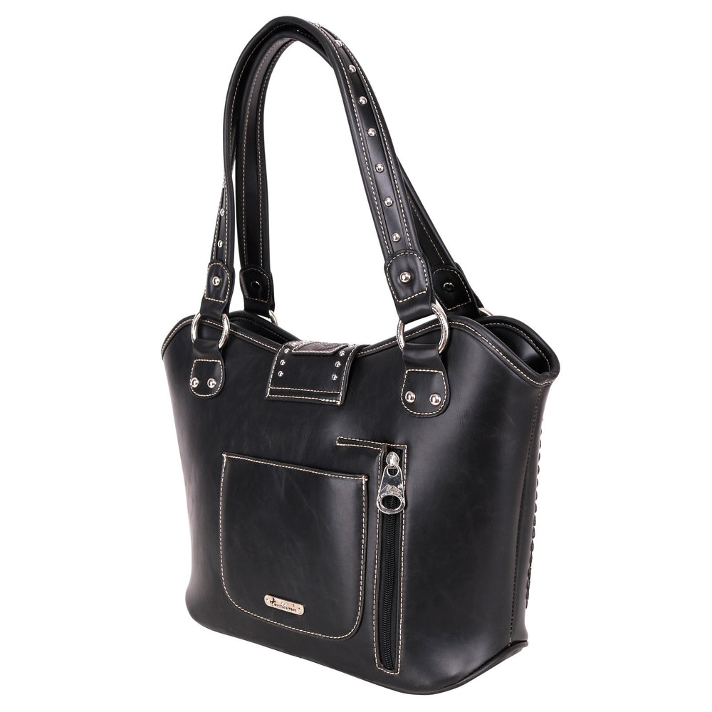 Concealed Carry Western Tooled Leather Purse Black with dual straps
