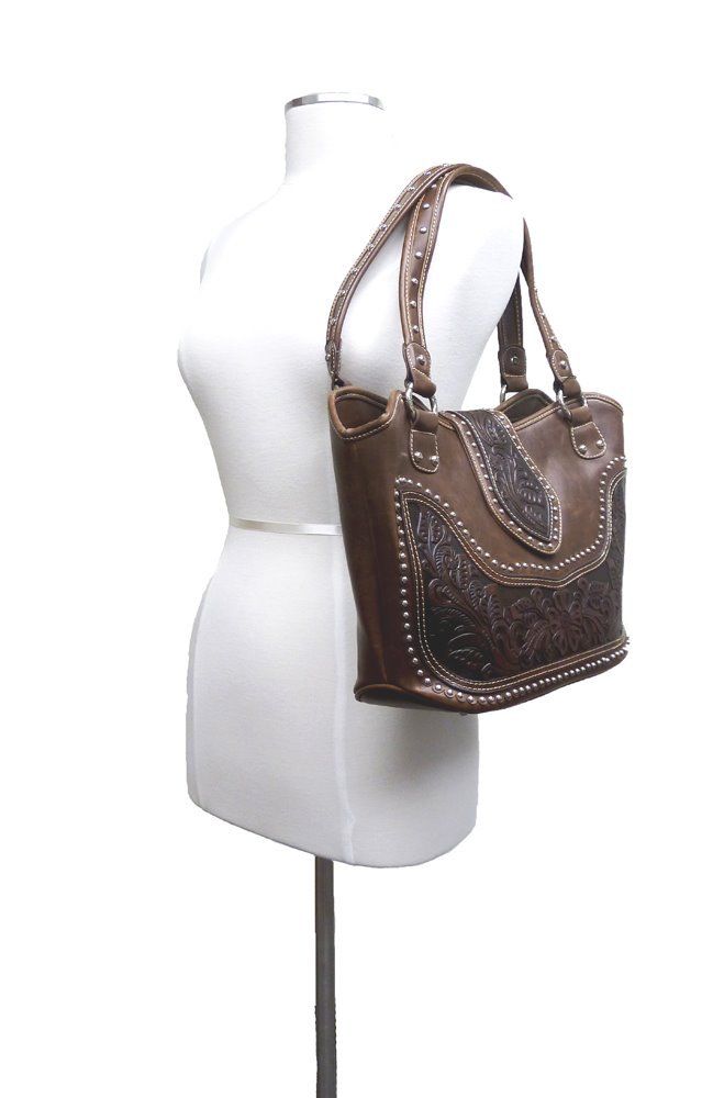 Concealed Carry Western Tooled Leather Purse with silver stud embellishments - Coffee