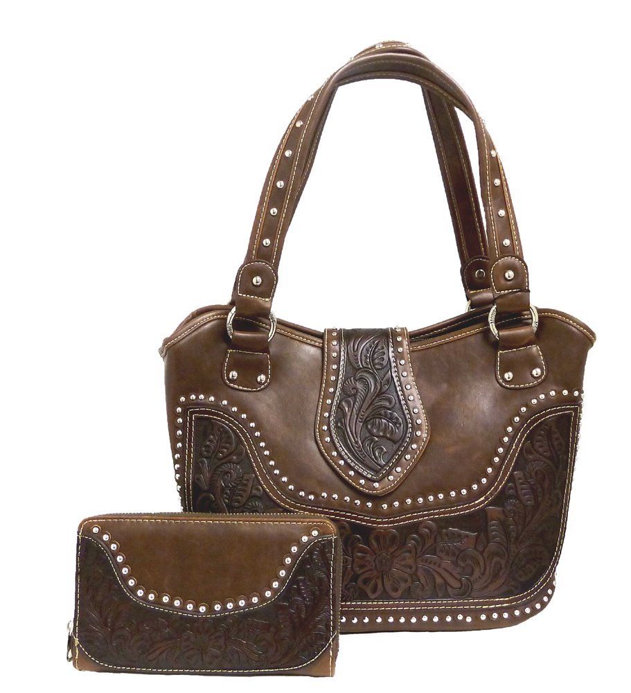 Montana West Ladies Concealed Gun Carry Purse Wallet Set Floral Tooling Coffee