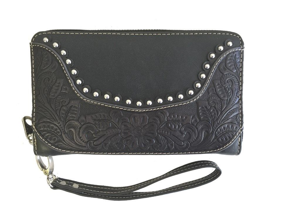 Montana West Concealed Carry Western Tooled Leather Crossbody Purse and Wallet - Black