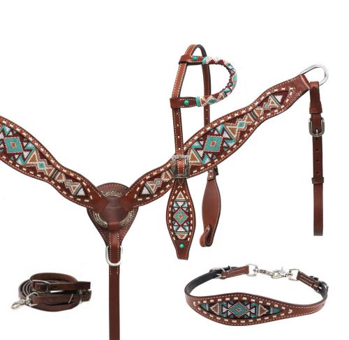 Showman® Navajo Teal and Brown Beaded Headstall, Breast Collar, and Wither Strap Set