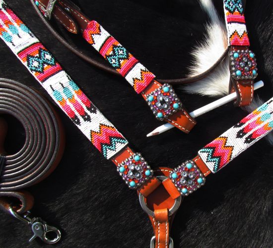 Showman® Beaded Tribal Headstall, Breast Collar, Wither Strap, and Reins Set