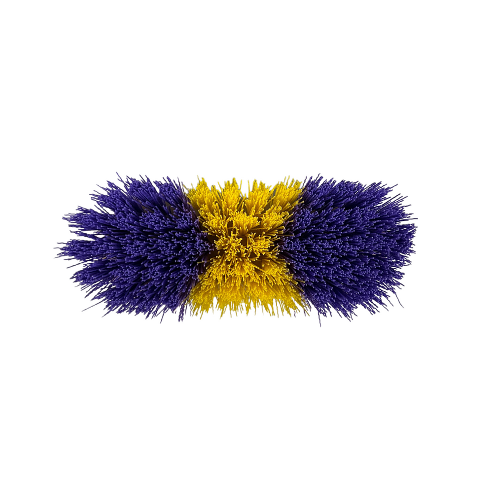 bottom of purple and yellow bristle horse brush