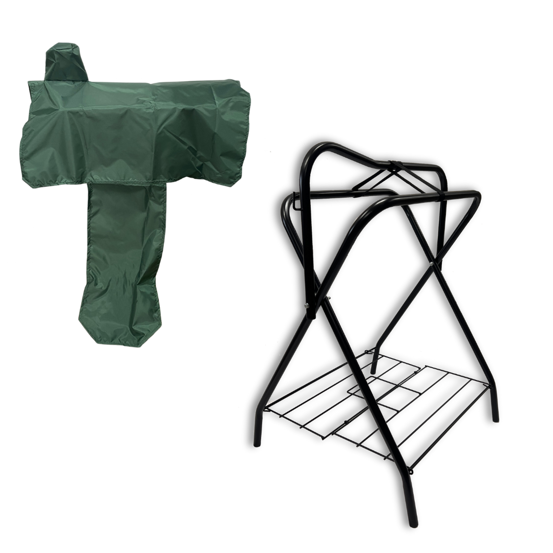 A freestanding green saddle rack with black accents next to a green western saddle cover.