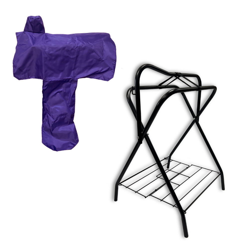 AJ Tack Freestanding Portable Horse Saddle Rack with Purple Western Saddle Cover