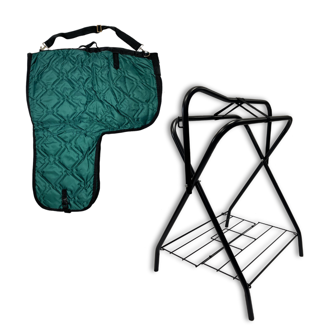 A freestanding saddle rack made of black powder-coated tubular steel with folding sides, and a western padded saddle carrier with a geometric pattern.