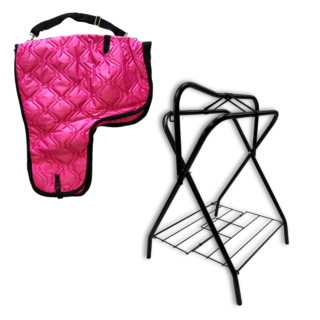 A freestanding saddle rack made of black powder-coated tubular steel with folding sides, and a western padded saddle carrier with a geometric pattern.