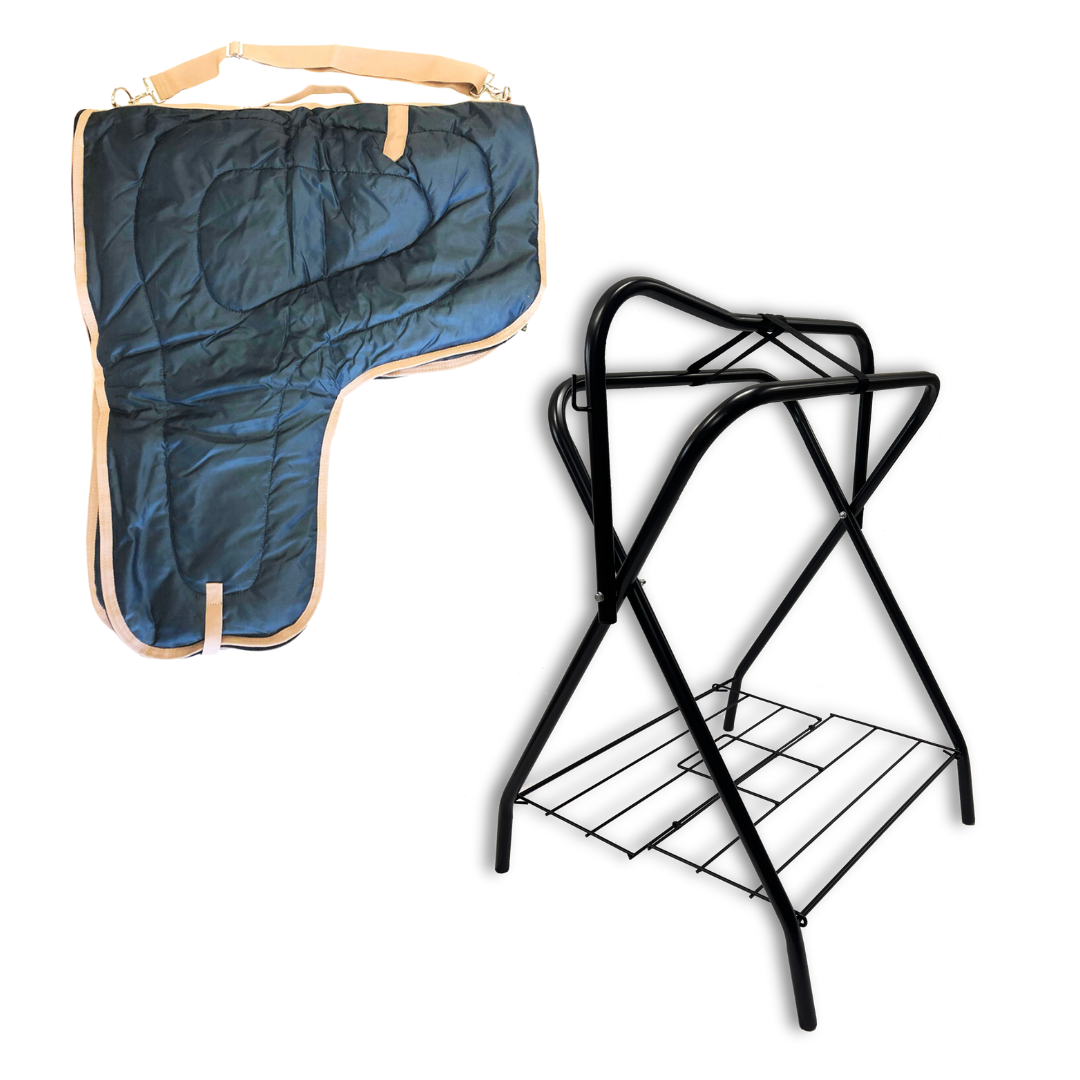 A freestanding saddle rack made of black powder-coated tubular steel with folding sides, and a western padded saddle carrier with a geometric pattern.