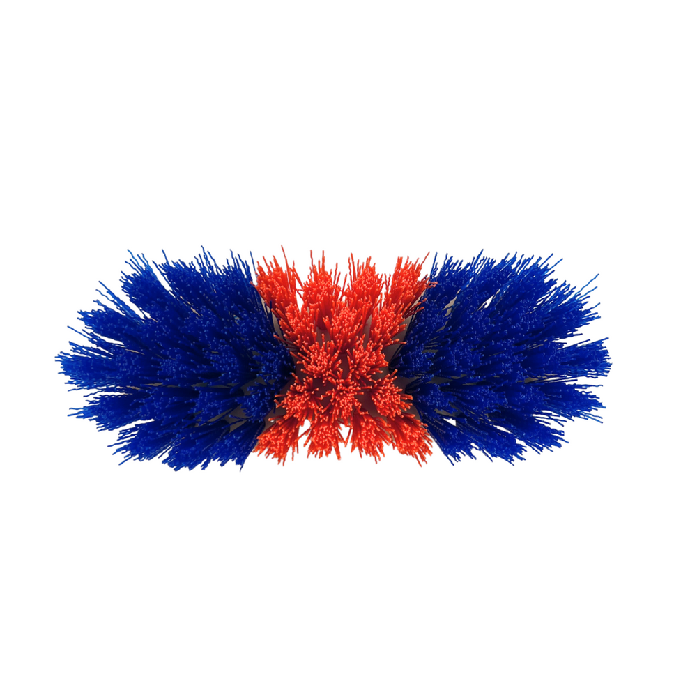 Bottom of blue and red bristle horse brush