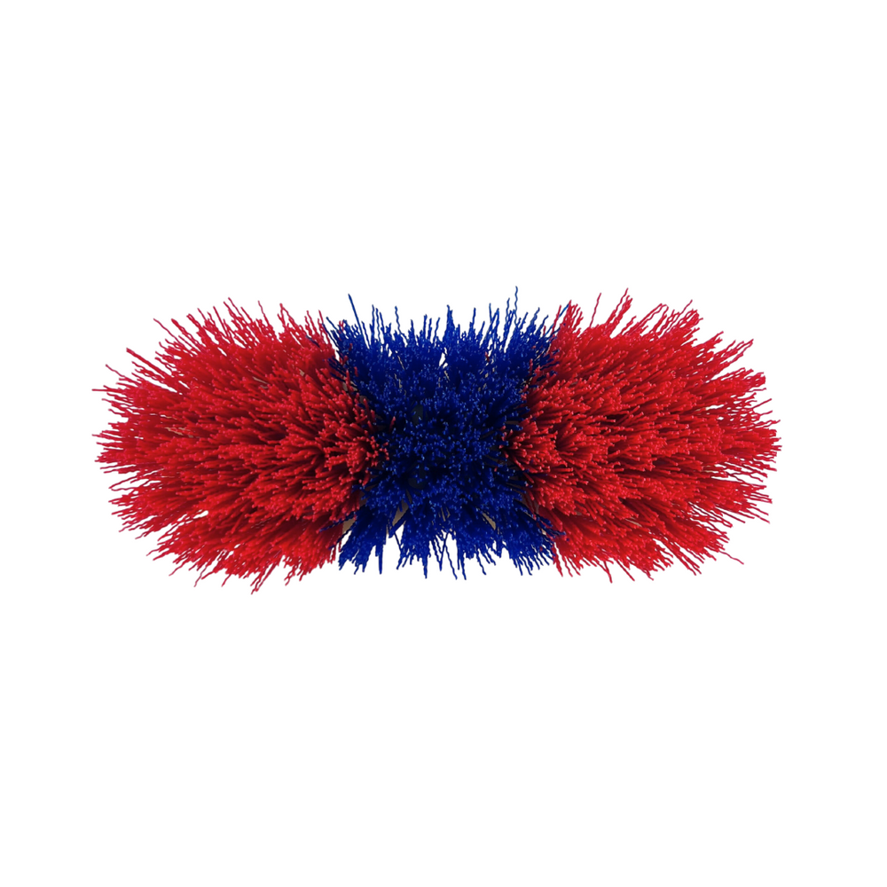 bottom of red and blue bristle horse brush