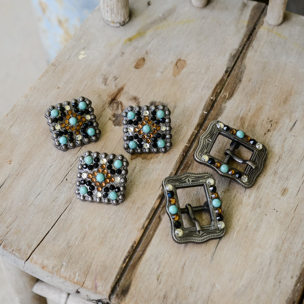 Turquoise Stone and Crystal Concho and Buckle Set
