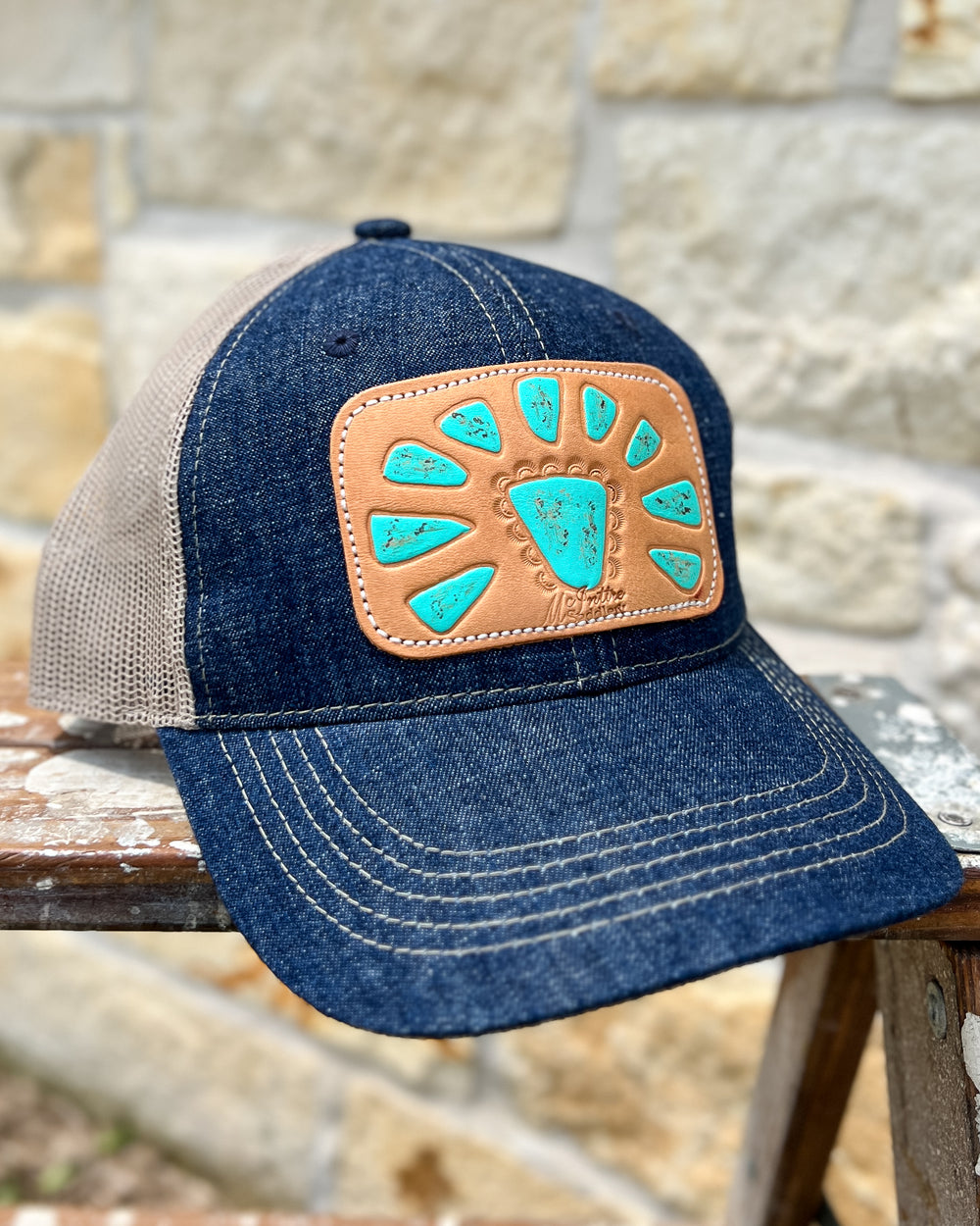 McIntire Saddlery Denim Cap with Turquoise Squash Blossom Leather Patch