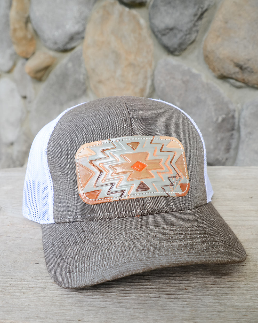 McIntire Saddlery Heather Brown and White Amarillo Aztec Leather Patch Cap