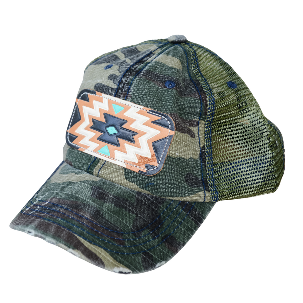 McIntire Saddlery Camo Ponytail Cap with Aztec Leather Tooled Patch