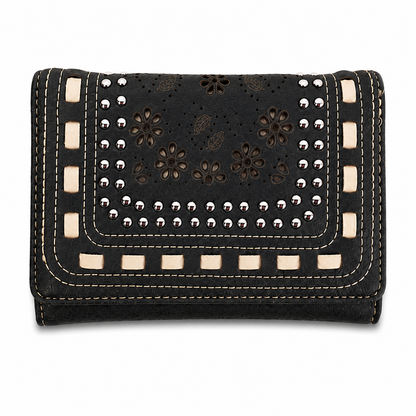 Montana West Daisy Cutout Trifold Wallet, Black