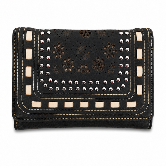 Montana West Daisy Cutout Trifold Wallet, Black