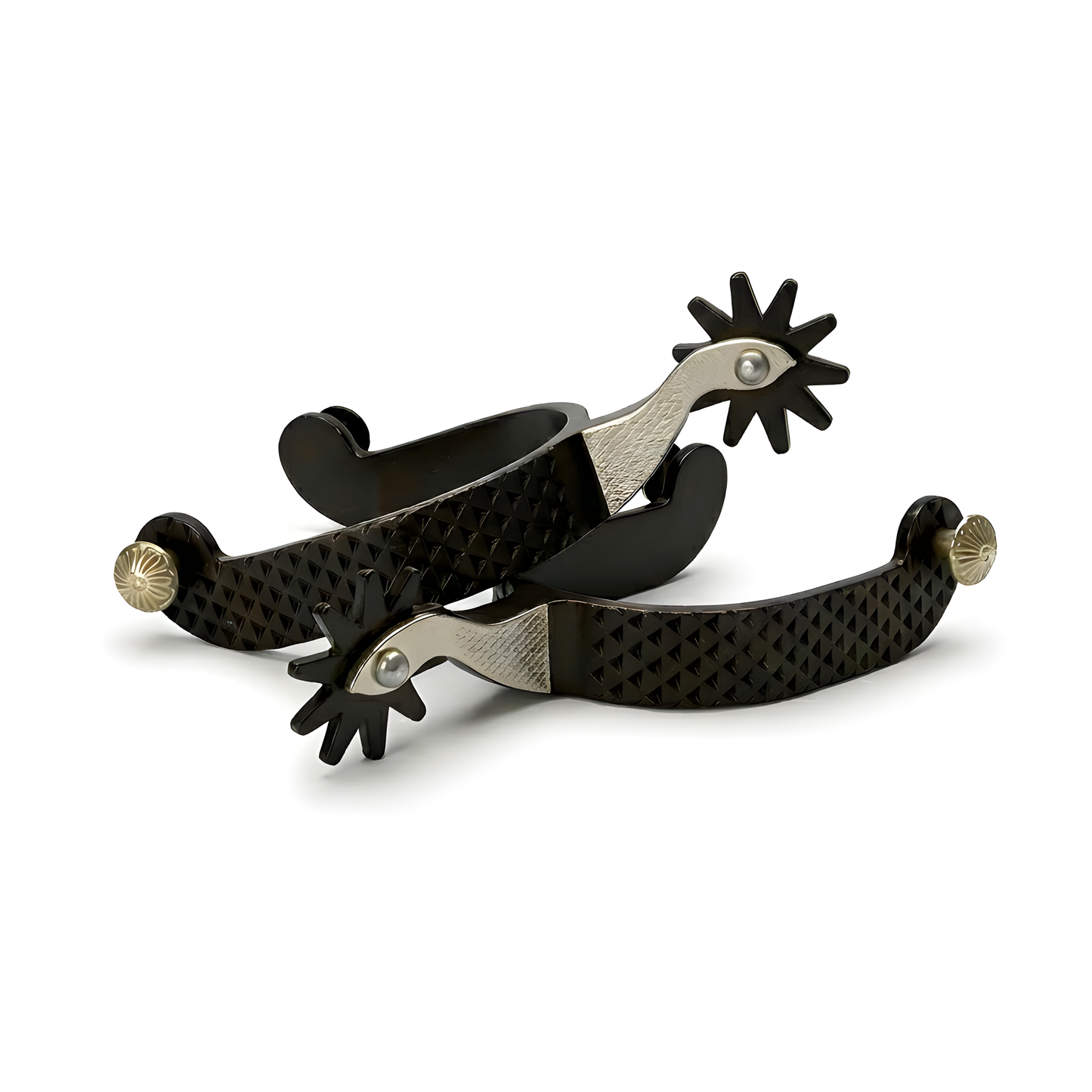 Pair of black and silver spurs on a white background
