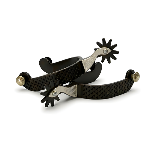 Pair of black and silver spurs on a white background