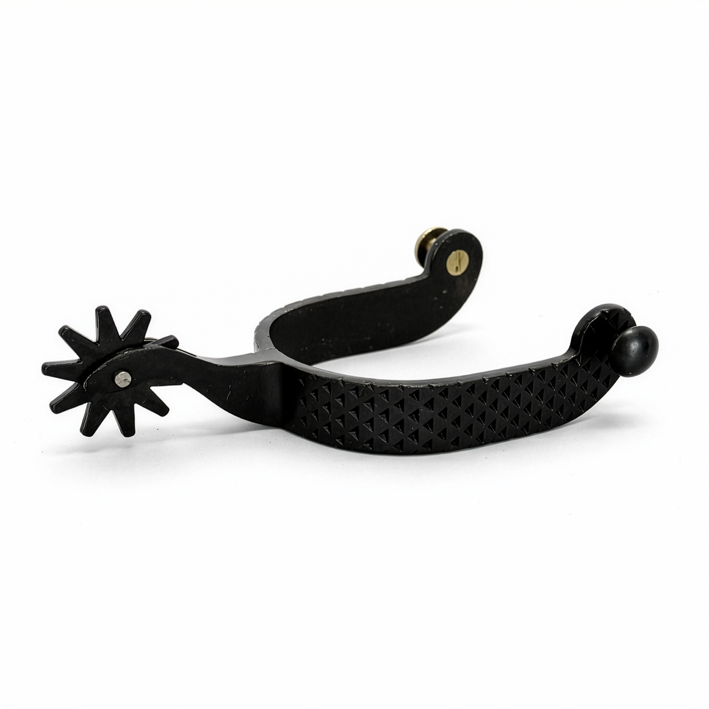 Black spurs with decorative design on a white background