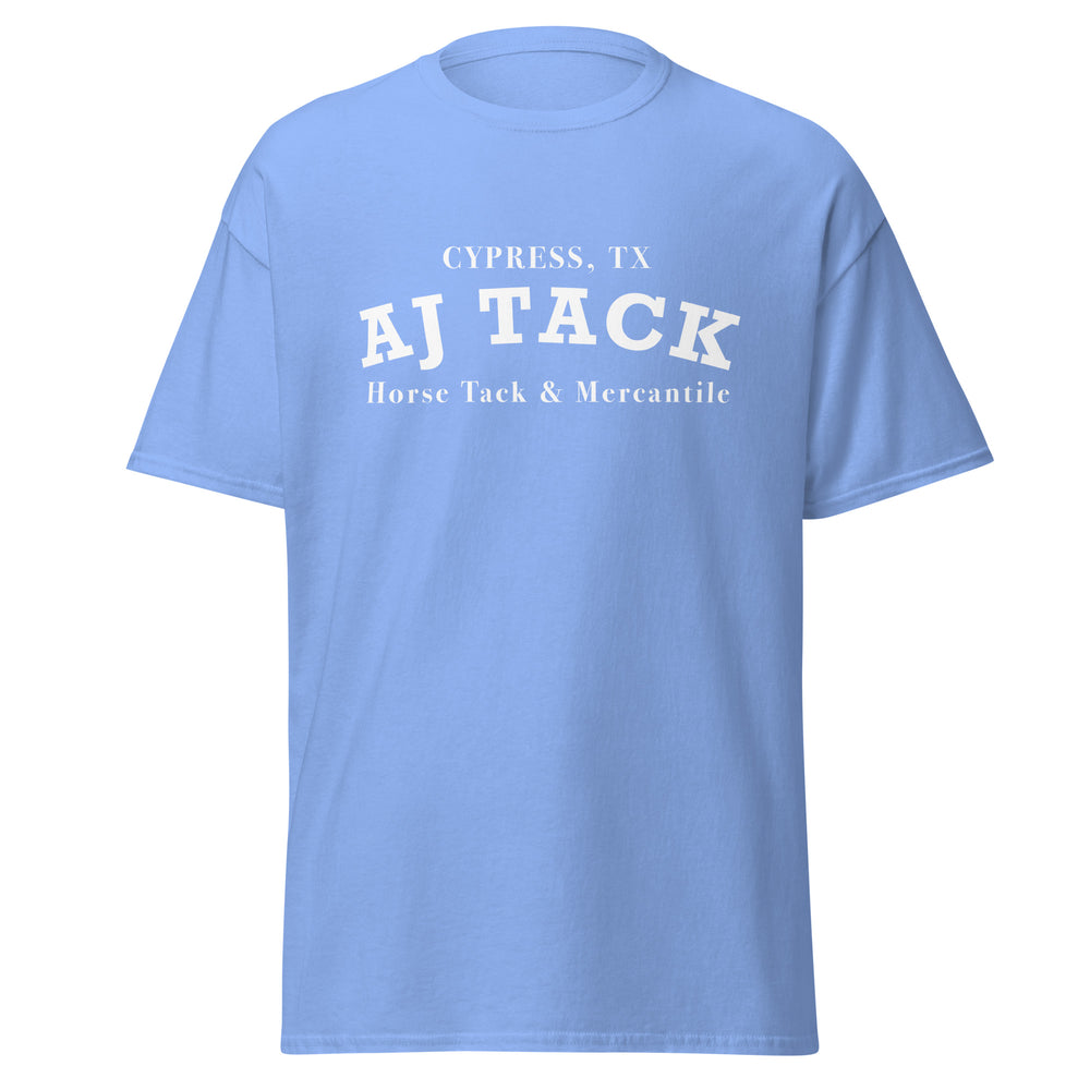 Blue AJ Tack tshirt with arched design
