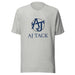 Heather Grey tshirt with blue and grey AJ Tack logo