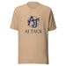 Tan tshirt with blue and grey AJ Tack logo