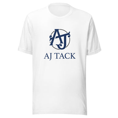 White Tshirt with Blue and Grey AJ Tack Logo