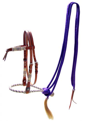 Medium Oil Futurity Knot Bosal Headstall with purple accents and purple cotton mecate reins