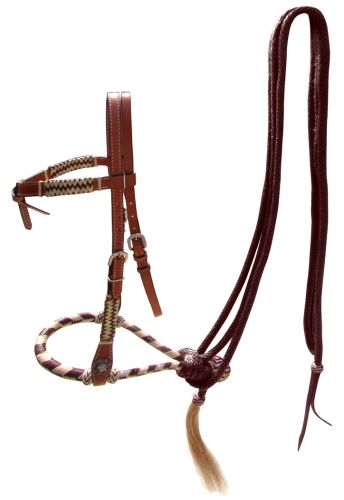 Medium Oil Futurity Knot Bosal Headstall with brown accents and brown cotton mecate reins