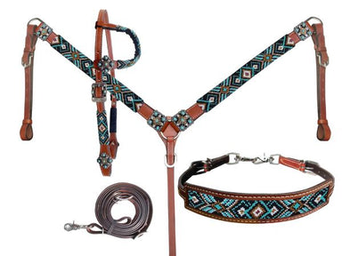 Southwest style beaded overlay with black, turquoise, and white beads. This tack set is accented with silver conchos with black & turquoise beads as well as on the buckles. Included is a single ear headstall, breast collar, wither strap, and contest reins.