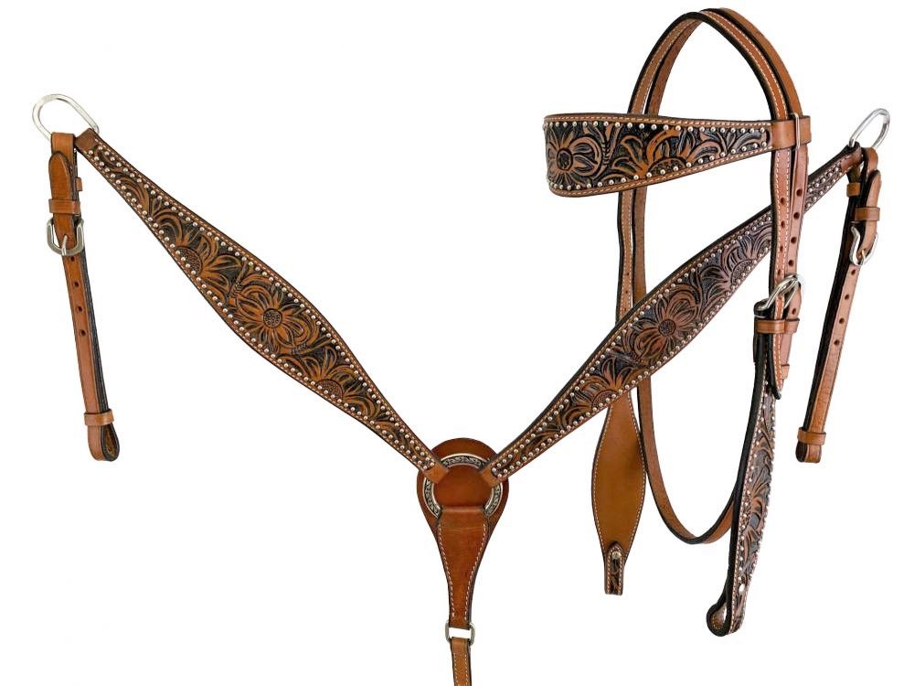 Leather headstall and breast collar with floral tooling