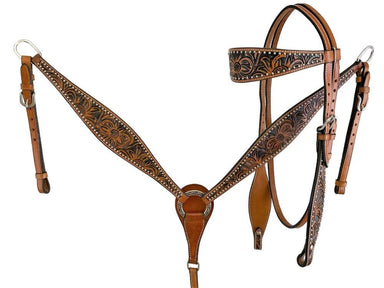 Leather headstall and breast collar with floral tooling