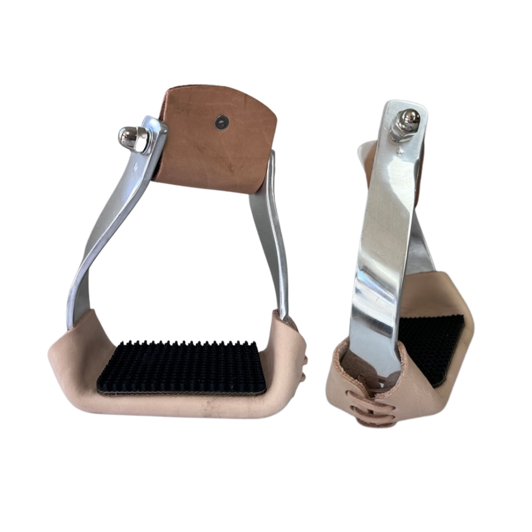 AJT Twisted Slant Stirrup with leather wear tread and black tread. 